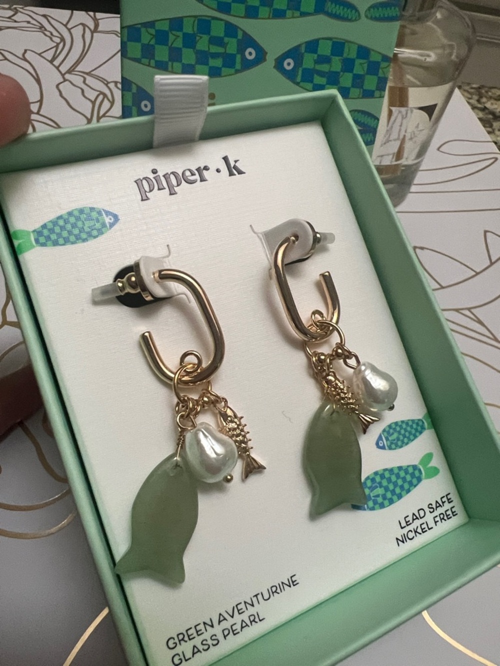 Piper K Green Aventurine Fish Drop Earrings Glass Pearl Gold Tone Charms - Picture 3 of 4